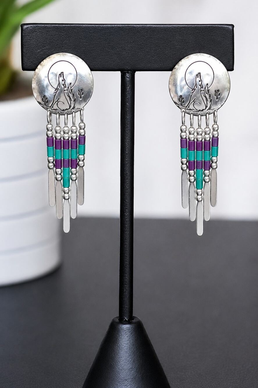 Vintage Quoc Turquoise Inc. Q.T. Sterling Silver Wolf Dangle Earrings 925
